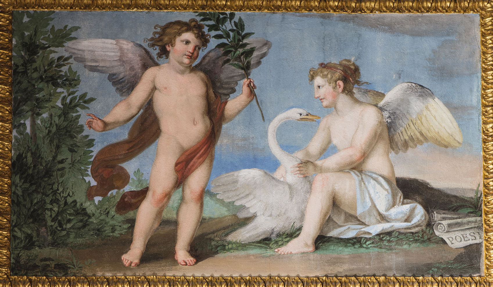 Painting exhibited in the Sovereign's Study, illustrates the mythological tale about Apollo who tames History seated at his feet listening to the words of God