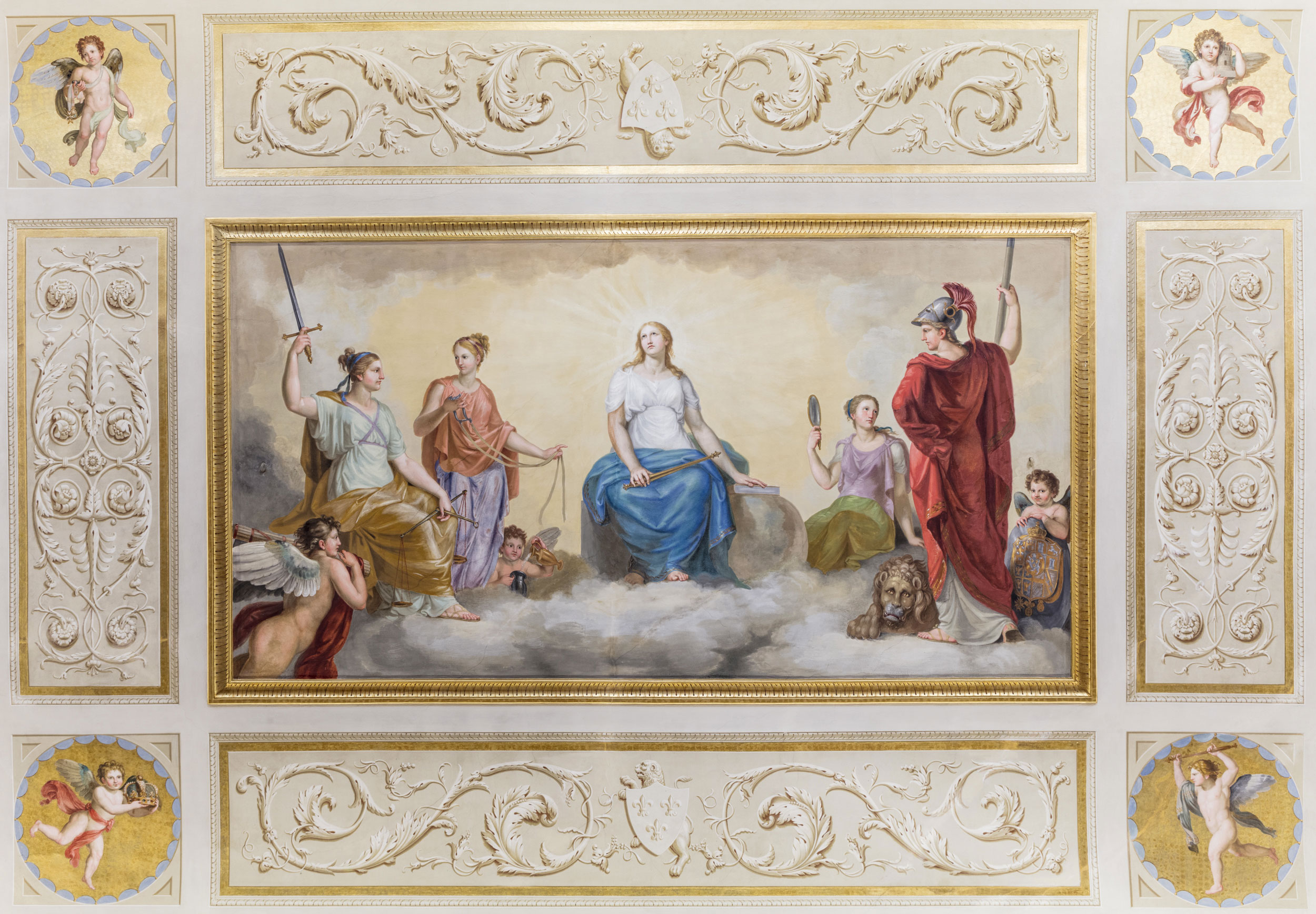 Affresco soffitto Sala del Trono, affigurante la personificazione della Sapienza che troneggia sulle nuvole circondata da quattro virtù
