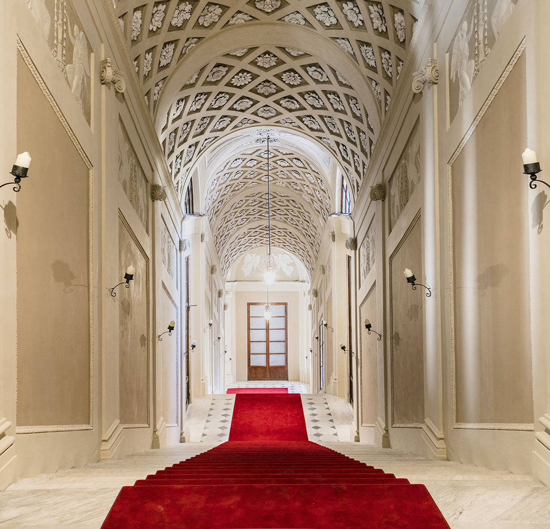 The last two flights of the Royal Staircase with a celebratory red carpet