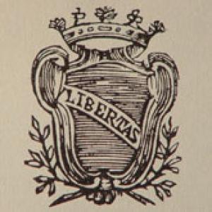 Emblem of the Palazzo with a crown and the word LIBERTAS